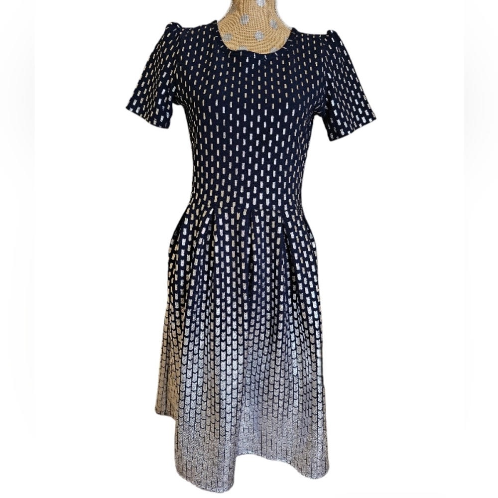 LuLaRoe elegant Amelia dress navy blue silver large christmas party dress